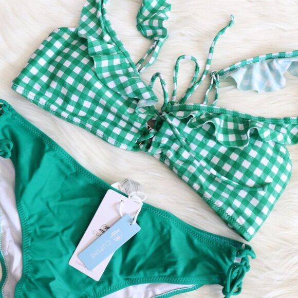 NWT Green and White Gingham Printed Bikini Set Size Small - Picture 4 of 9
